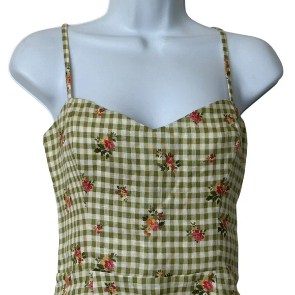 Reformation Roarke Linen Dress Patio Floral Checkered Feminine Dress 4 - Picture 6 of 13